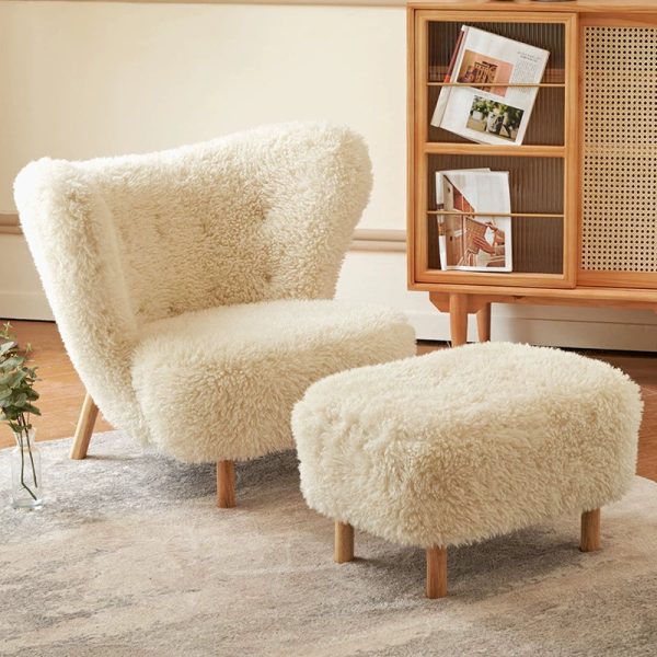 Contemporary Nordic Lambswool Corduroy Plush Wood Curved Accent Chair Backrest Footrest For Living Room - Image 25