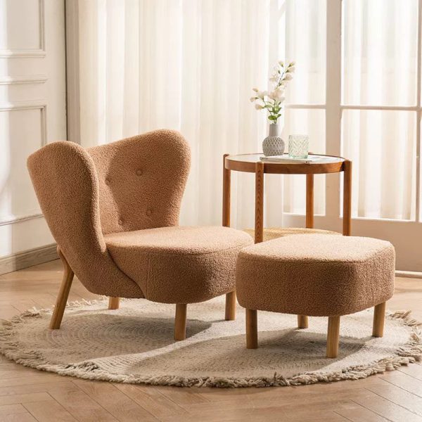 Contemporary Nordic Lambswool Corduroy Plush Wood Curved Accent Chair Backrest Footrest For Living Room - Image 22