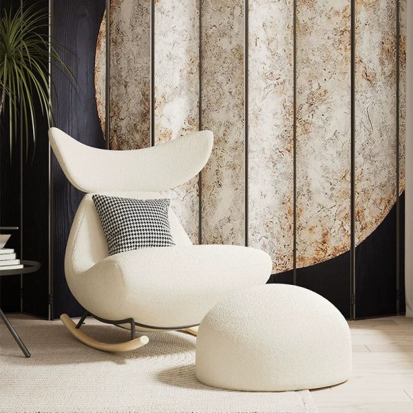 Contemporary Nordic Lambswool Wood Sponge Whale Recliner Rocking Chair Footrest Backrest For Living Room