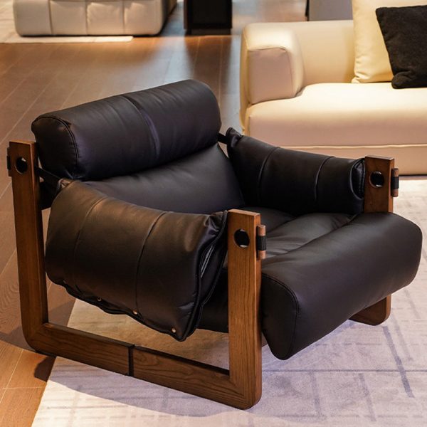 Contemporary Retro Leather Ash Wood Cotton Down Square Accent Chair Backrest Armrest For Living Room - Image 2