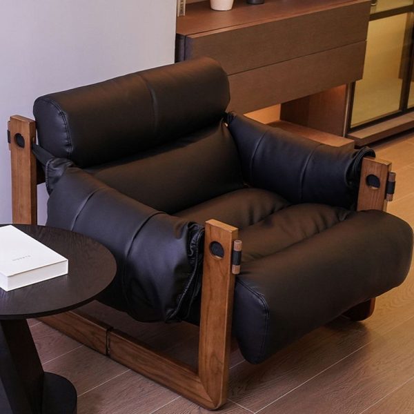 Contemporary Retro Leather Ash Wood Cotton Down Square Accent Chair Backrest Armrest For Living Room - Image 4