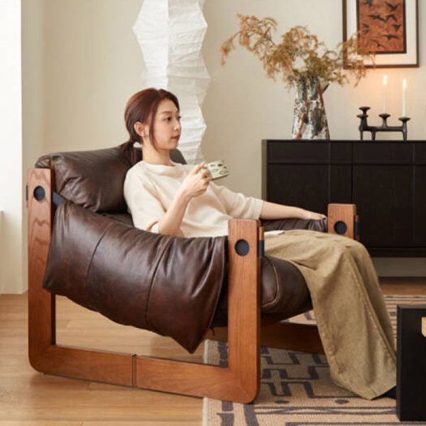 Contemporary Retro Leather Ash Wood Cotton Down Square Accent Chair Backrest Armrest For Living Room - Image 16