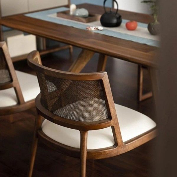 Traditional Vintage Microfiber Leather, Wood & Rattan Curved Dining Chair For Dining Room, Living Room And Bedroom