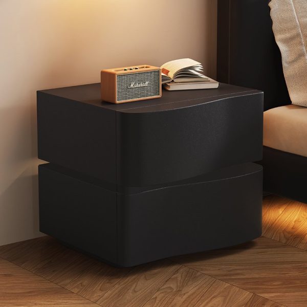 Contemporary Creative Solid Wood Leather Rounded Square Nightstand 2-Drawer For Bedroom - Image 3