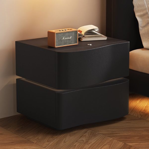 Contemporary Creative Solid Wood Leather Rounded Square Nightstand 2-Drawer For Bedroom - Image 13