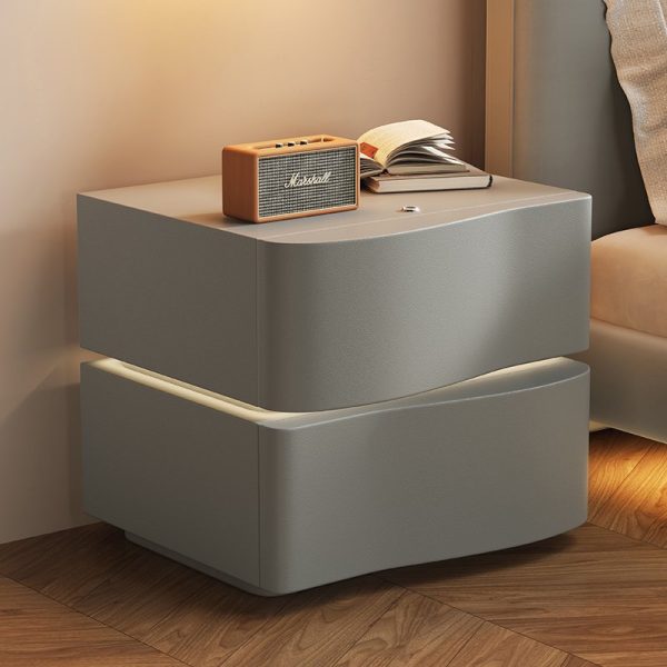 Contemporary Creative Solid Wood Leather Rounded Square Nightstand 2-Drawer For Bedroom - Image 14