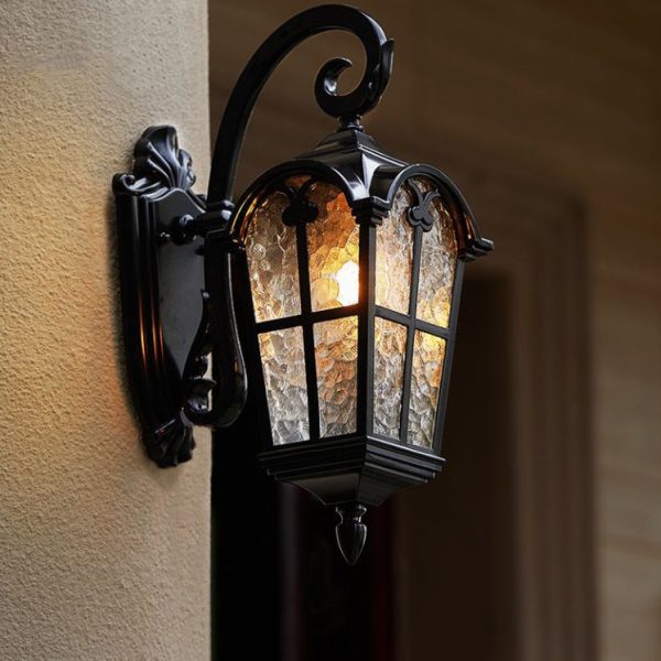 Traditional European Quadrilateral Lace Aluminum Printed Glass 1-Light Outdoor Wall Sconce Lamp For Garden - Image 17