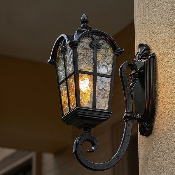 Traditional European Quadrilateral Lace Aluminum Printed Glass 1-Light Outdoor Wall Sconce Lamp For Garden - Image 18