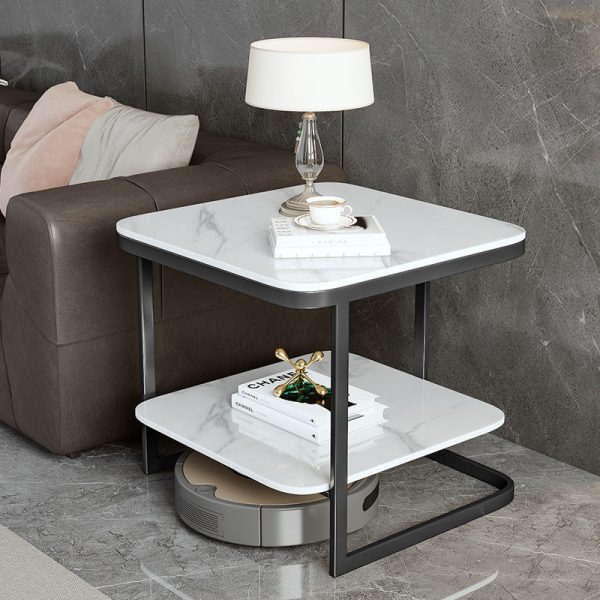 Contemporary Nordic Square Iron Rock Slab End Table 2-Tier For Living Room