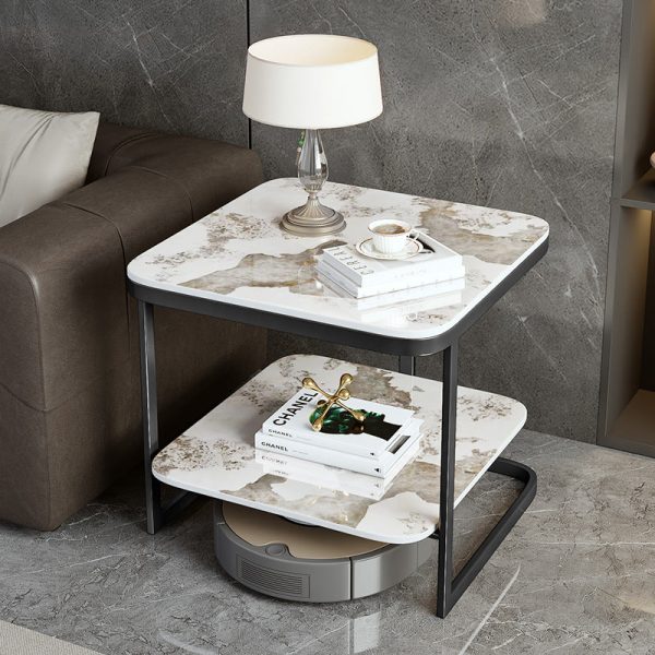 Contemporary Nordic Square Iron Rock Slab End Table 2-Tier For Living Room - Image 3