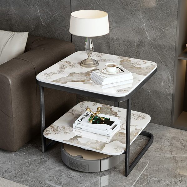 Contemporary Nordic Square Iron Rock Slab End Table 2-Tier For Living Room - Image 7
