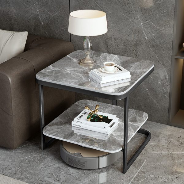 Contemporary Nordic Square Iron Rock Slab End Table 2-Tier For Living Room - Image 6
