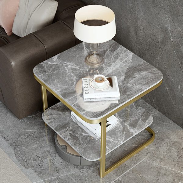 Contemporary Nordic Square Iron Rock Slab End Table 2-Tier For Living Room - Image 9