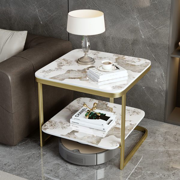 Contemporary Nordic Square Iron Rock Slab End Table 2-Tier For Living Room - Image 8