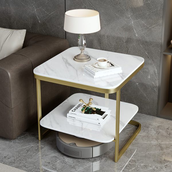 Contemporary Nordic Square Iron Rock Slab End Table 2-Tier For Living Room - Image 10