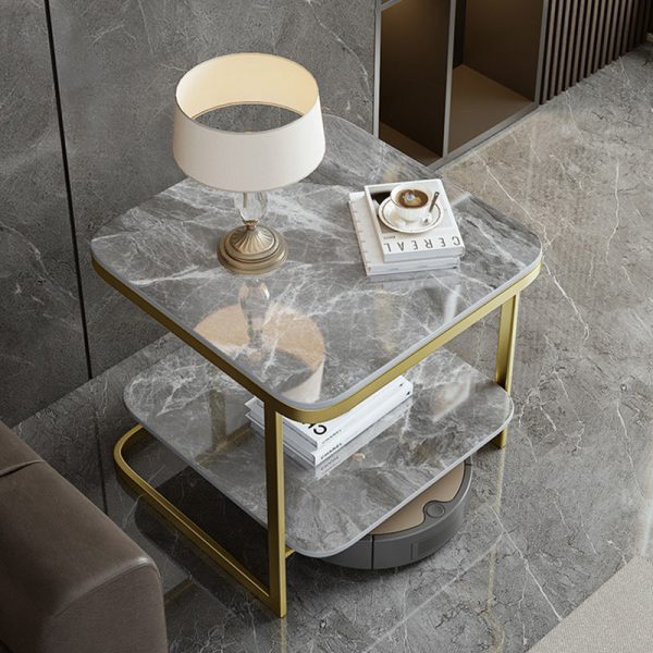 Contemporary Nordic Square Iron Rock Slab End Table 2-Tier For Living Room - Image 11