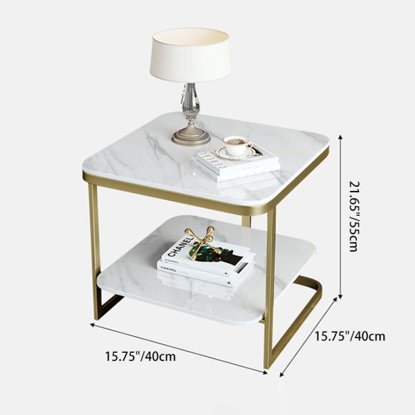 Contemporary Nordic Square Iron Rock Slab End Table 2-Tier For Living Room - Image 4