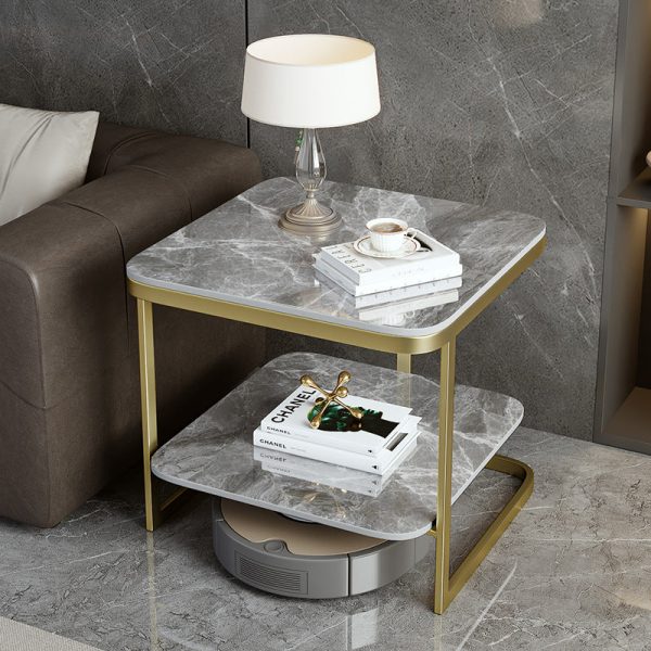 Contemporary Nordic Square Iron Rock Slab End Table 2-Tier For Living Room - Image 12
