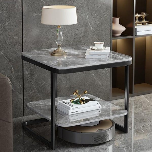 Contemporary Nordic Square Iron Rock Slab End Table 2-Tier For Living Room - Image 14