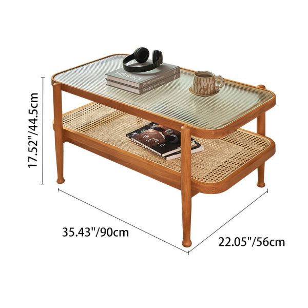 Traditional Japanese Rectangular Wood Glass Coffee Table 2-Tier For Living Room - Image 4