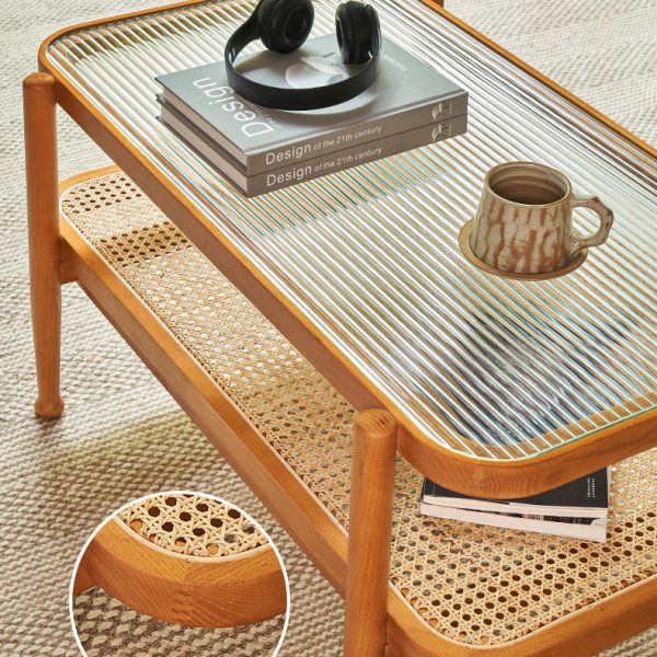 Traditional Japanese Rectangular Wood Glass Coffee Table 2-Tier For Living Room - Image 8