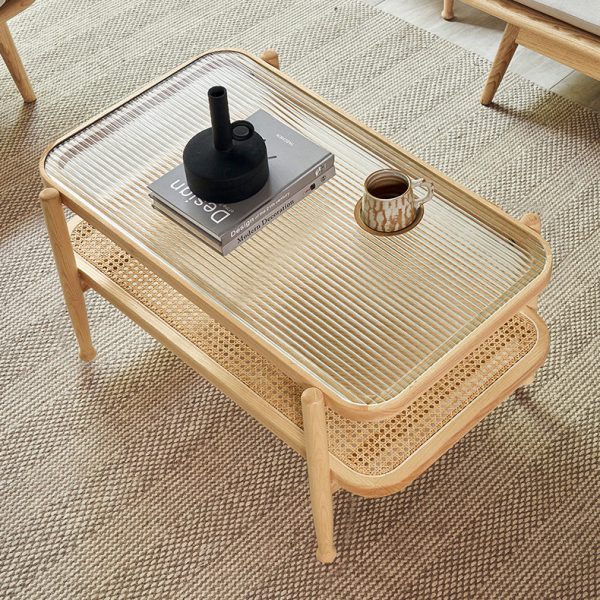 Traditional Japanese Rectangular Wood Glass Coffee Table 2-Tier For Living Room - Image 16
