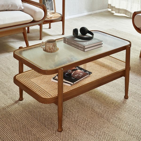 Traditional Japanese Rectangular Wood Glass Coffee Table 2-Tier For Living Room - Image 17