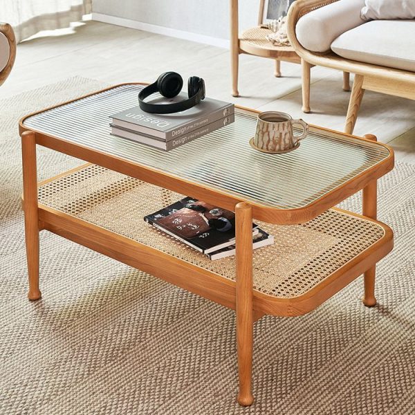 Traditional Japanese Rectangular Wood Glass Coffee Table 2-Tier For Living Room - Image 18