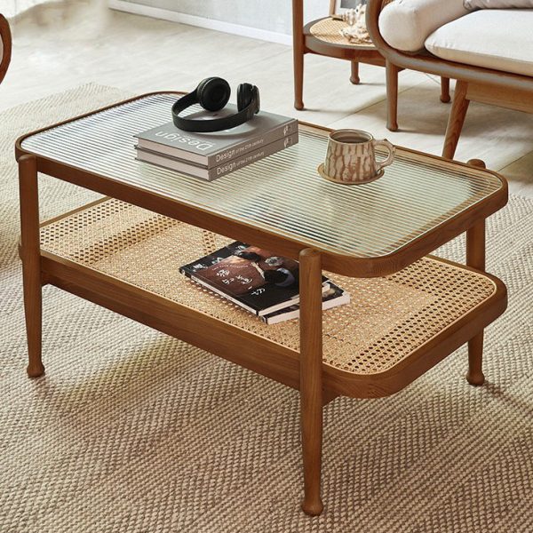 Traditional Japanese Rectangular Wood Glass Coffee Table 2-Tier For Living Room