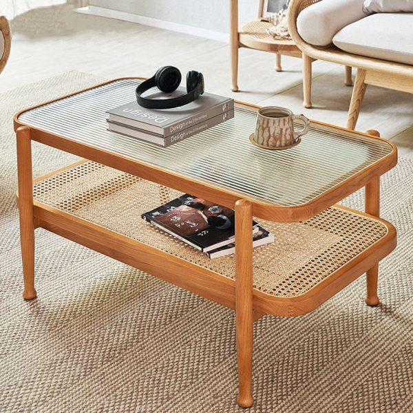 Traditional Japanese Rectangular Wood Glass Coffee Table 2-Tier For Living Room - Image 2