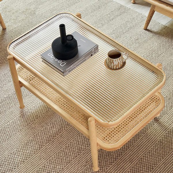 Traditional Japanese Rectangular Wood Glass Coffee Table 2-Tier For Living Room - Image 3