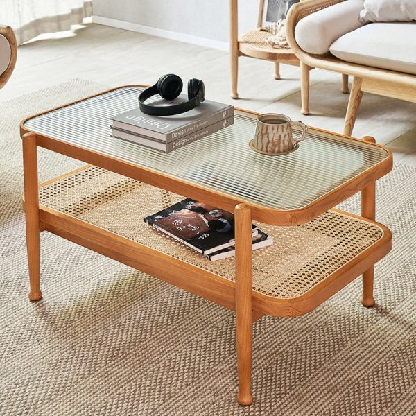 Traditional Japanese Rectangular Wood Glass Coffee Table 2-Tier For Living Room - Image 12