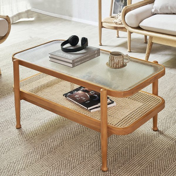 Traditional Japanese Rectangular Wood Glass Coffee Table 2-Tier For Living Room - Image 13