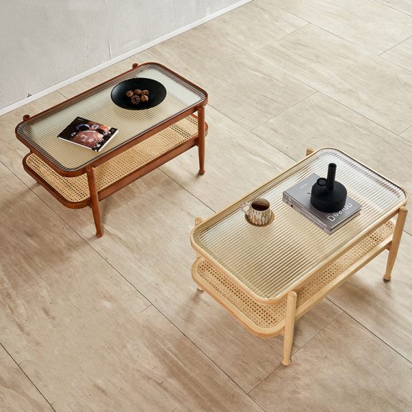 Traditional Japanese Rectangular Wood Glass Coffee Table 2-Tier For Living Room - Image 14