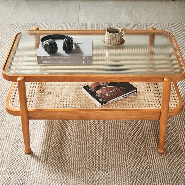 Traditional Japanese Rectangular Wood Glass Coffee Table 2-Tier For Living Room - Image 15
