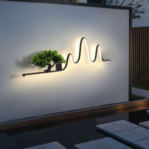 Contemporary Creative Aluminum Arc Linear PVC Simulated Pine Wood LED Waterproof Outdoor Wall Sconce Lamp For Garden - Image 3