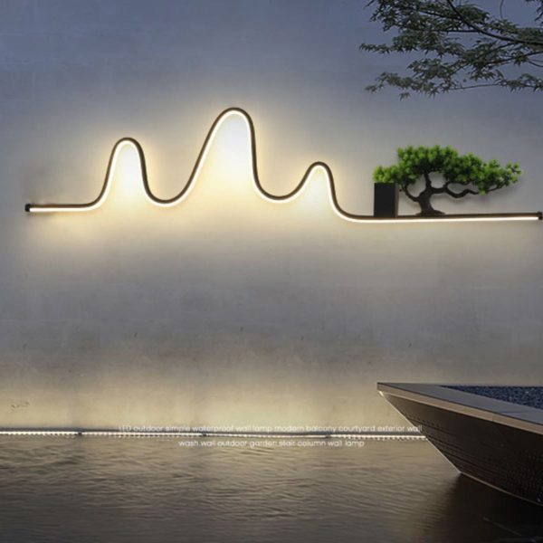 Contemporary Creative Aluminum Arc Linear PVC Simulated Pine Wood LED Waterproof Outdoor Wall Sconce Lamp For Garden - Image 8