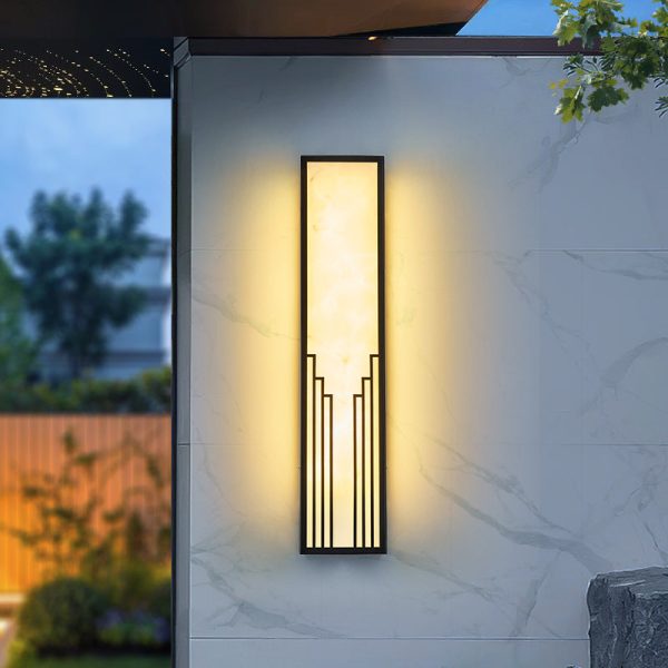 Traditional Chinese Stainless Steel Rectangular Imitation Marble Shade LED Outdoor Wall Sconce Lamp For Garden - Image 9