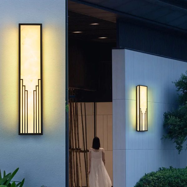 Traditional Chinese Stainless Steel Rectangular Imitation Marble Shade LED Outdoor Wall Sconce Lamp For Garden - Image 3
