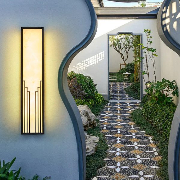 Traditional Chinese Stainless Steel Rectangular Imitation Marble Shade LED Outdoor Wall Sconce Lamp For Garden - Image 11
