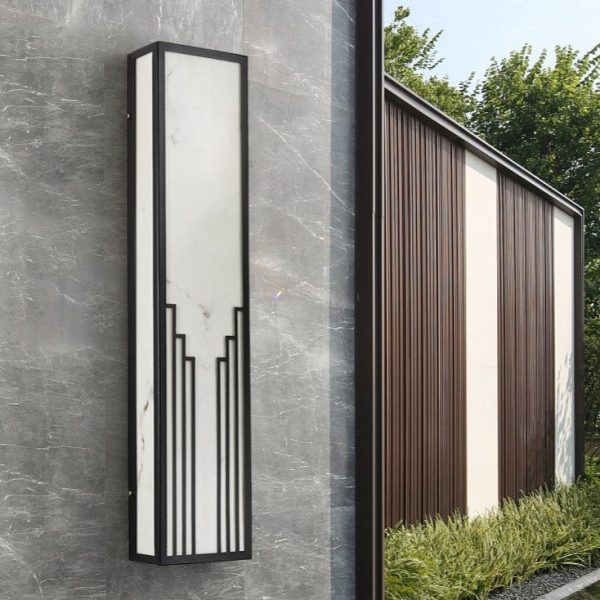 Traditional Chinese Stainless Steel Rectangular Imitation Marble Shade LED Outdoor Wall Sconce Lamp For Garden - Image 7