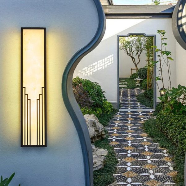 Traditional Chinese Stainless Steel Rectangular Imitation Marble Shade LED Outdoor Wall Sconce Lamp For Garden - Image 2