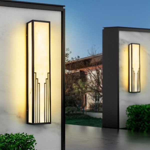 Traditional Chinese Stainless Steel Rectangular Imitation Marble Shade LED Outdoor Wall Sconce Lamp For Garden - Image 8