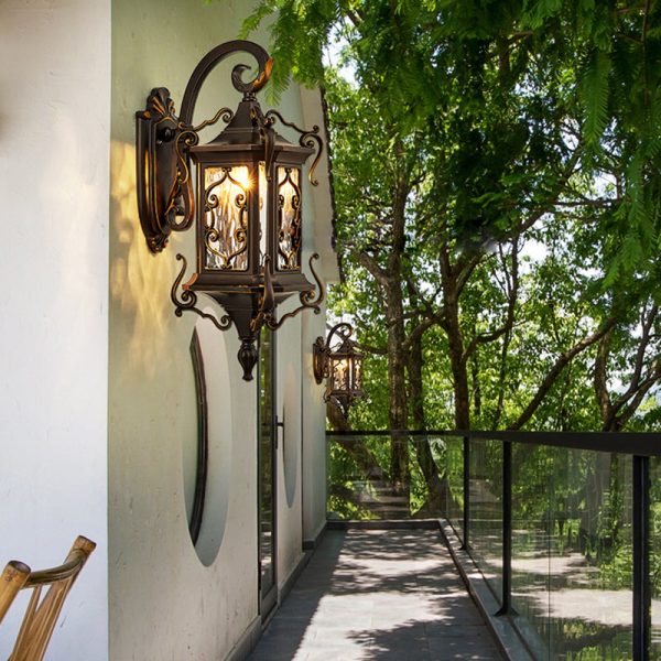 Traditional European Aluminum Arc Carving Frame Water Ripple Glass 1-Light Outdoor Waterproof Wall Sconce Lamp For Garden - Image 7