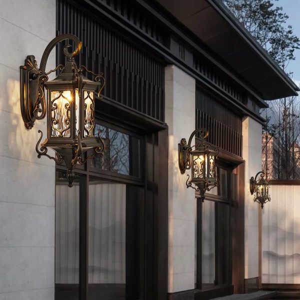 Traditional European Aluminum Arc Carving Frame Water Ripple Glass 1-Light Outdoor Waterproof Wall Sconce Lamp For Garden - Image 9