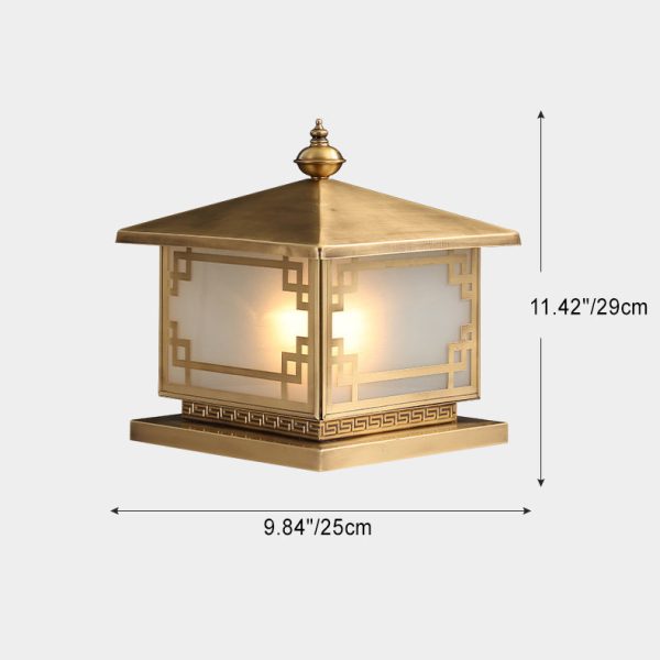 Traditional Chinese Square Full Copper Glass 1-Light Solar Outdoor Post Head Light For Garden - Image 4