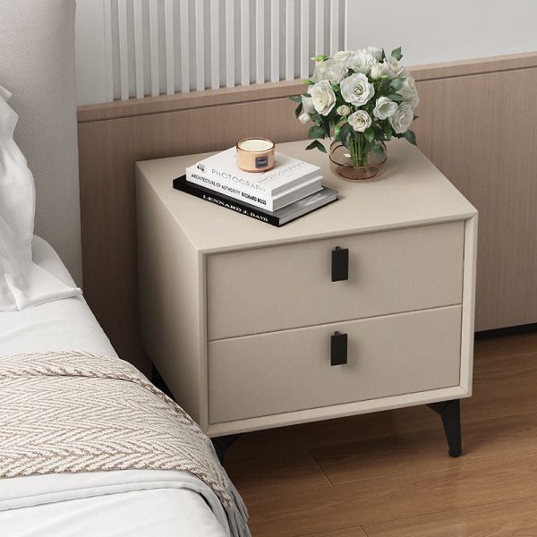 Contemporary Scandinavian Rectangular Leather Solid Wood Nightstand 2-Drawer For Bedroom - Image 14