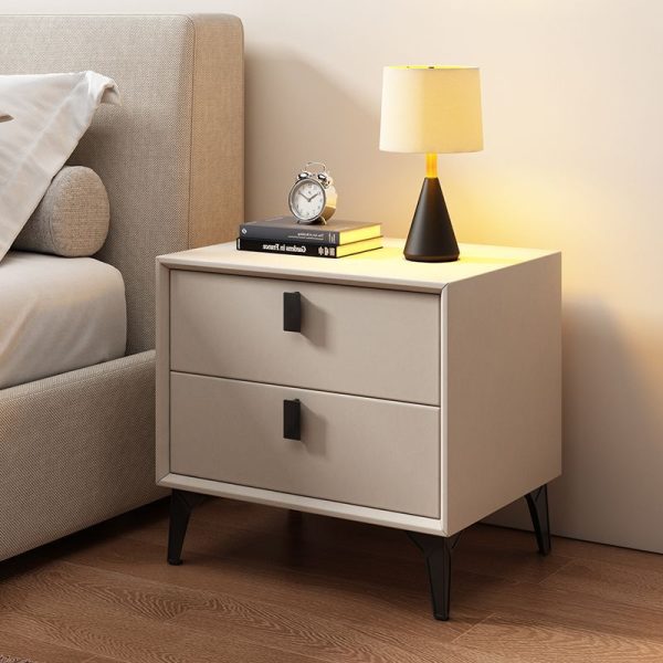 Contemporary Scandinavian Rectangular Leather Solid Wood Nightstand 2-Drawer For Bedroom - Image 15