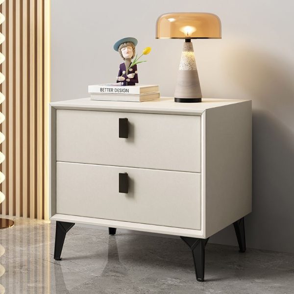 Contemporary Scandinavian Rectangular Leather Solid Wood Nightstand 2-Drawer For Bedroom - Image 16