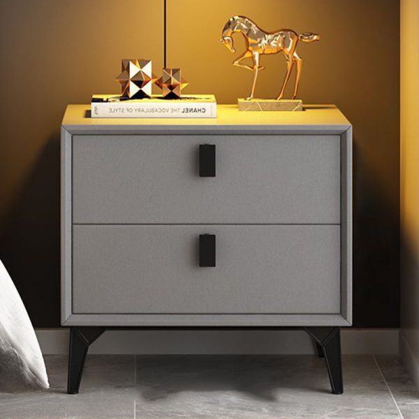 Contemporary Scandinavian Rectangular Leather Solid Wood Nightstand 2-Drawer For Bedroom - Image 9